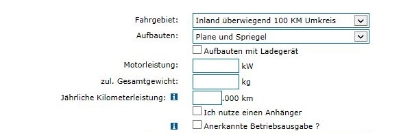 LKW Versicherungsrechner Eingaben